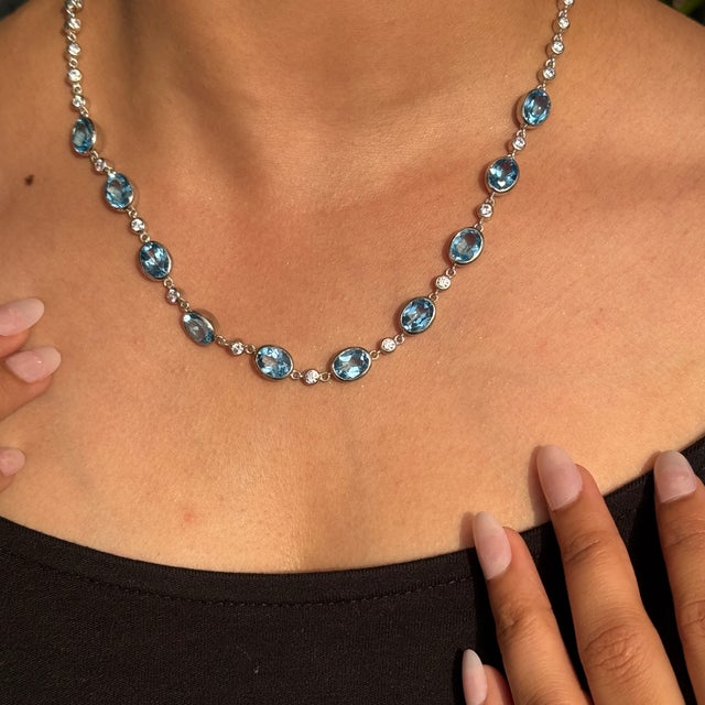 Oval Cut Blue Topaz Station Necklace With Curb Link Chain For Sale - Image 6 of 11