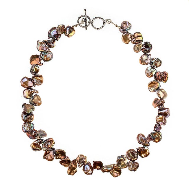 Metal Iridescent, Round, Flat Mauve Keshi Pearl Necklace For Sale - Image 7 of 7