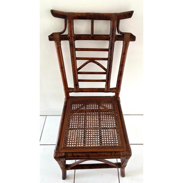 1970s Vintage Burnt Bamboo Pagoda Tortoise Side Chair For Sale - Image 5 of 8