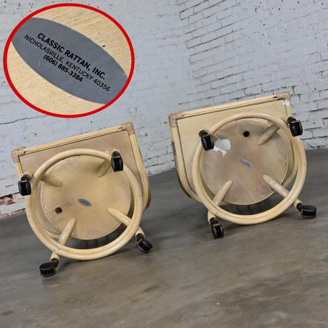 Late 20th Century Coastal Tropical Island Style Cerused Reeded Rattan Rolling & Swivel Chairs a Pair For Sale - Image 9 of 12