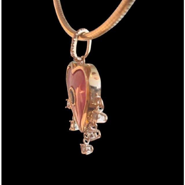 Pink Rhodochrosite Heart Pendant With Emerald, Diamonds & 14k Gold For Sale - Image 8 of 9
