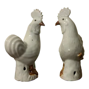 Small Antique 19th Century Chinese Export Porcelain Models of Chickens, Roosters or Cockerels - a Pair