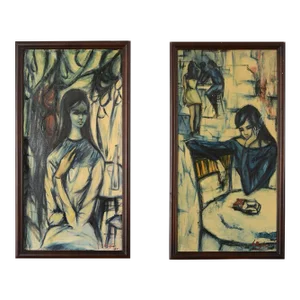 1960s Modernist Vietnamese Cafe Beatnik Girl Paintings - a Pair