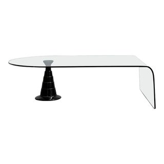 1980s Italian Waterfall Glass Coffee Table With Glossy Black Ceramic Ziggurat Pedestal For Sale