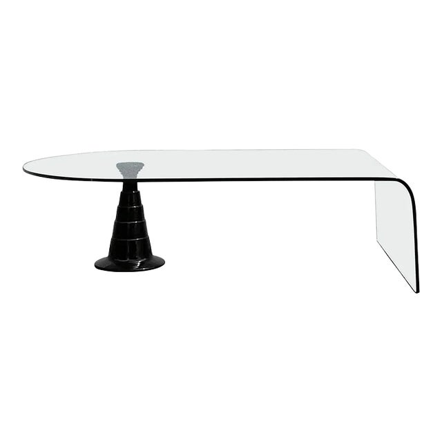 1980s Italian Waterfall Glass Coffee Table With Glossy Black Ceramic Ziggurat Pedestal For Sale