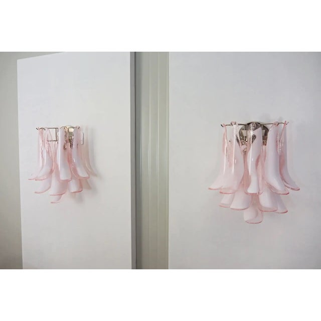 2020s Pair of Italian Murano Wall Lights Mazzega – 10 Pink Lattimo Glass Petals For Sale - Image 5 of 12