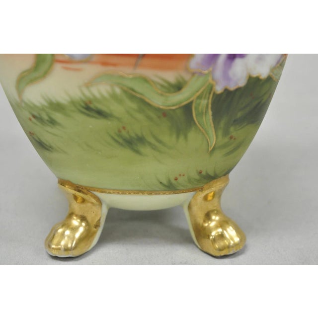 Antique Nippon Moriage Hand Painted Porcelain Purple Iris & Gold Gilt Vase Pair For Sale - Image 9 of 18