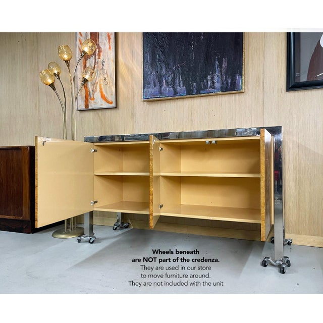 Art Deco Restored 1970s Pace Collection Burl Wood and Chrome Credenza For Sale - Image 3 of 18