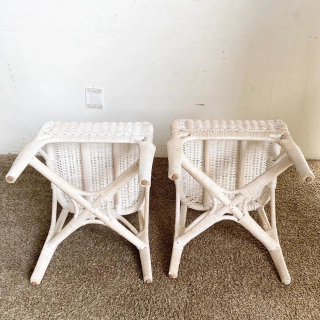 Boho Chic White Washed Wicker Rattan Side Chairs - a Pair For Sale - Image 4 of 10