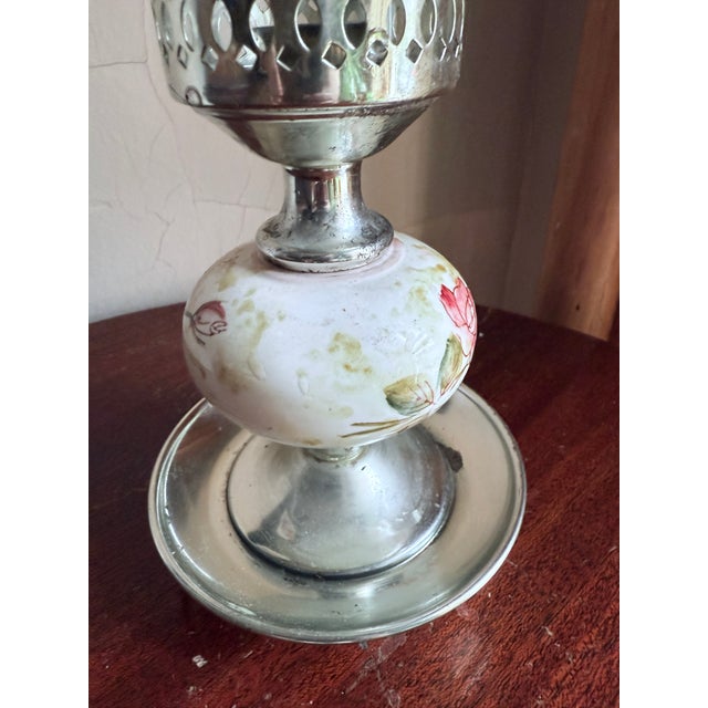 Vintage Mid Century Hurricane Oil Lamp Floral Ceramic Silver Base Glass Chimney For Sale In New York - Image 6 of 9