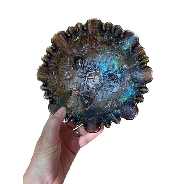 Blue Early 20th Century Azure Blue Amethyst Imperial Carnival Glass Ruffled Footed Salad Bowl American Beauty Roses For Sale - Image 8 of 12