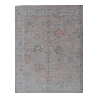 Modern Floral Oushak Rug by Keivan Woven Arts, Sand Background 8'11 X 11'11 For Sale