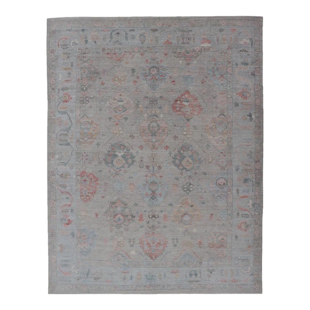 Modern Floral Oushak Rug by Keivan Woven Arts, Sand Background 8'11 X 11'11 For Sale