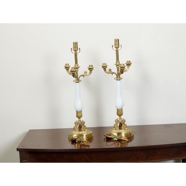 1920s French Empire Style Bronze and Opaline Glass Table Lamps - a Pair For Sale - Image 4 of 9