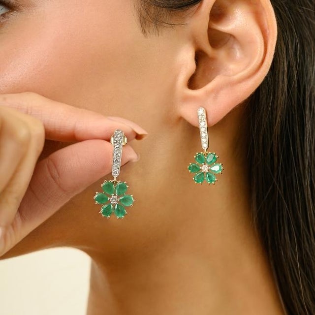 Not Yet Made - Made To Order 3.02Ct Floral Emerald & Diamond Dangle Earrings in 18k Gold Gift for Her- A Pair For Sale - Image 5 of 12