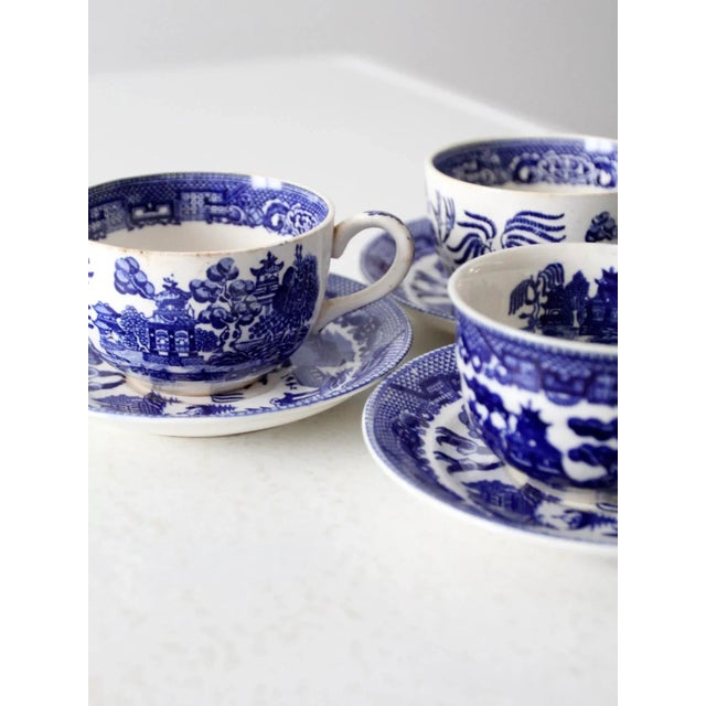 Vintage Blue Willow Tea Cups & Saucers - Service for 3 For Sale - Image 9 of 12
