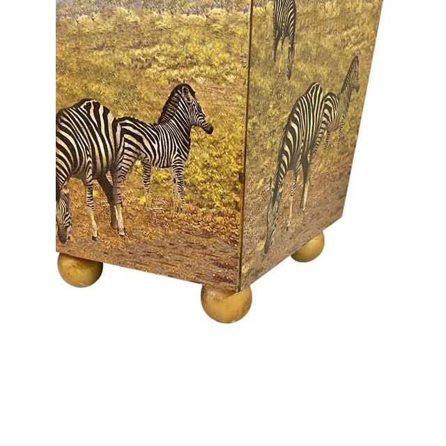 1980’s Safari Inspired Zebra Print Light Wood Wastebasket Styled After Fornasetti For Sale - Image 6 of 12