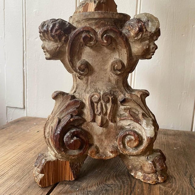 Antique Italian Ecclastical Church Pricket Candlestick with Carved Acanthus and Cherubs, 1780 For Sale - Image 10 of 11