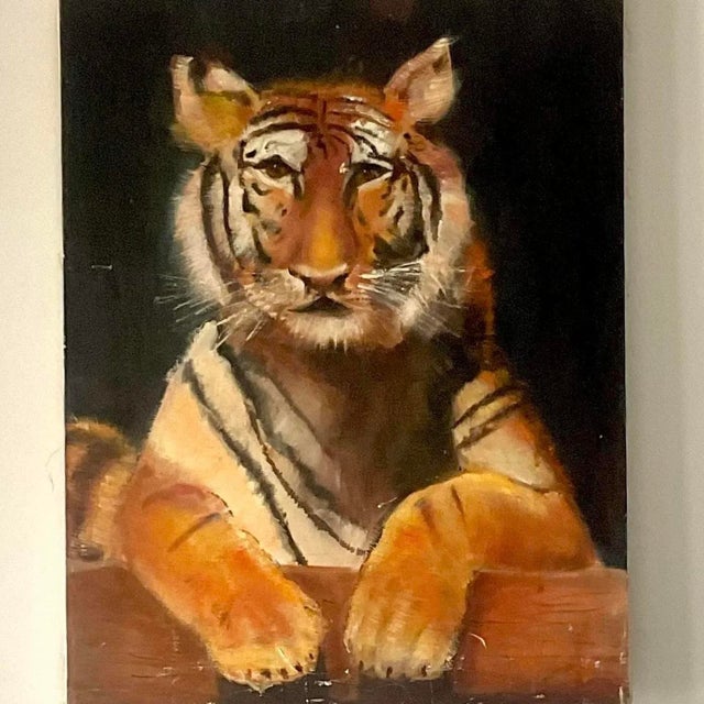 Late 20th Century Vintage Painting of Regal Tiger on Canvas, Signed For Sale - Image 4 of 14