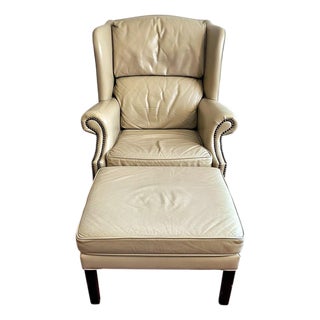 VTG Classic Leather Inc Mahogany Chippendale Wingback Chair Ottoman Beige Set For Sale