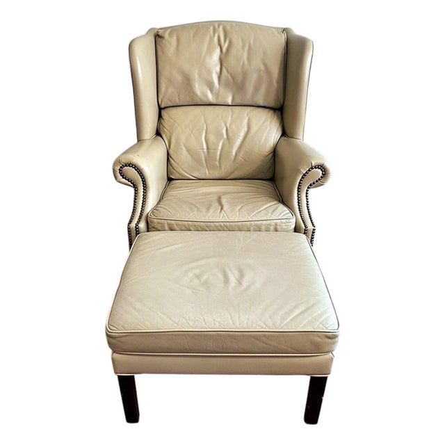 VTG Classic Leather Inc Mahogany Chippendale Wingback Chair Ottoman Beige Set For Sale