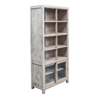 Chinese Gray Painted Reclaimed Elm and Pine Sliding Glass Door Bookcase For Sale