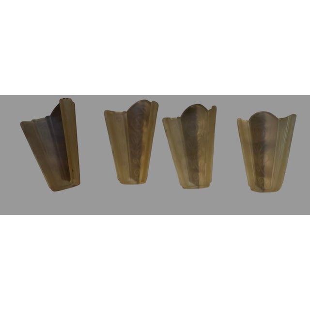 Metal Pair Antique Art Deco 2 Light Ceiling Fixtures Amber Glass Slip Shades 1930s For Sale - Image 7 of 12