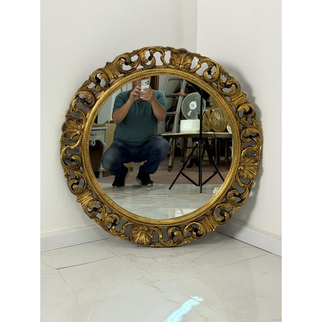 Large Circular Wall Mirror in Carved Gilded Wood, 1940s For Sale - Image 12 of 12