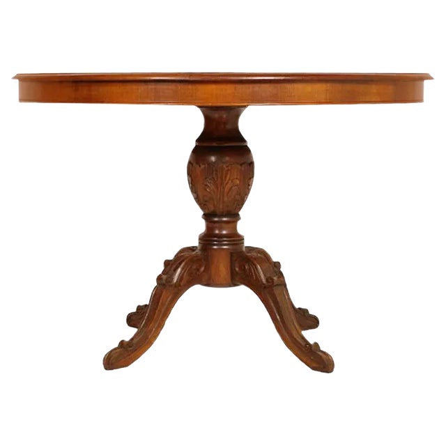 Round Vintage Hand-Carved Walnut Table For Sale