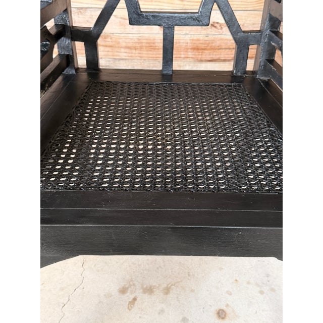 GuildMaster Chinoiserie Black Wood Geometric Fretwork High Back Armchairs – Pair For Sale - Image 10 of 12