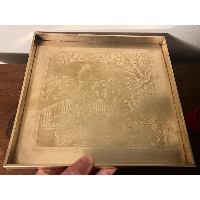 Antique Early 20th Century Japanese Meiji Period Square Brass Tray With Etched Court Scene For Sale - Image 17 of 17