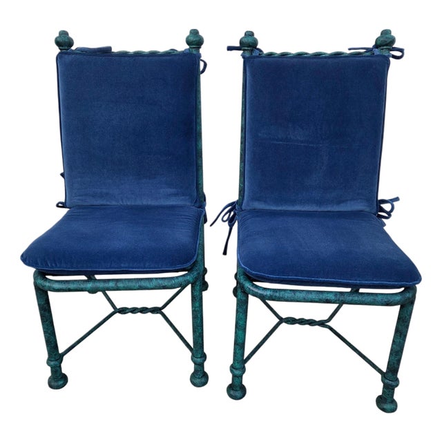 2 Vintage Pompeii Babylon Designer Side Chairs Twisted Aluminum Faux Verdigris For Sale