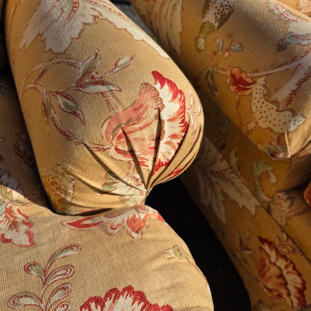 Goldenrod Pair of English Roll Arm Club Chairs in Mulberry Early Birds Sand Fabric With Skirted Bases, Late 20th Century For Sale - Image 8 of 9