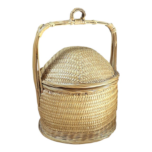 Vintage Chinese Woven Rattan & Bamboo Domed Wedding Basket For Sale