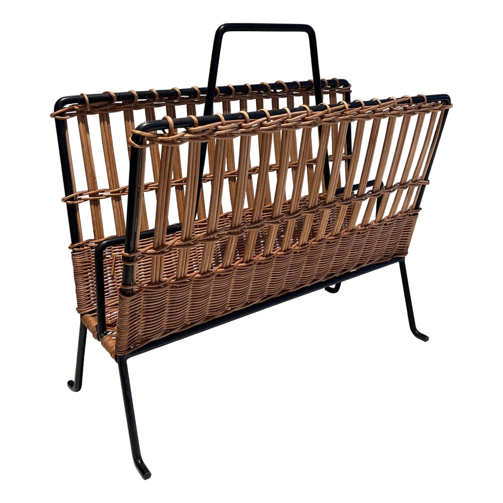 1950s Rattan and Black Lacquered Magazine Rack | Chairish