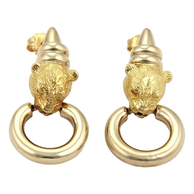 Mid 20th Century Pair of Citra 18k Yellow Gold Panther Door Knocker Dangle Earrings For Sale