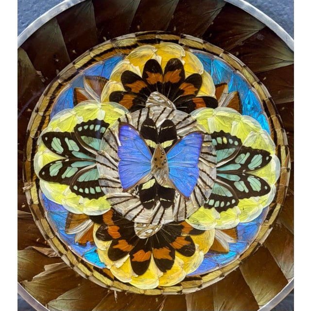 Traditional Vintage Brazilian Butterfly Wing Mosaic Tray Wall Art, Round Lucite and Steel For Sale - Image 3 of 5