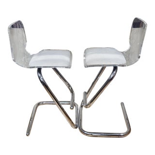 Lucite & Chrome Mid-Century Modern Bar & Pair of Barstool Chairs by Luigi Bardini For Sale