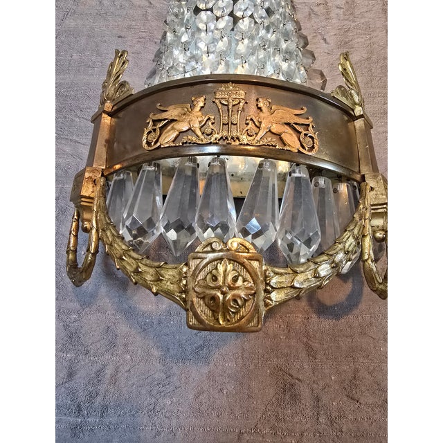 Early 19th Century Antique French Empire Bronze Crystal Sconces - a Pair For Sale - Image 5 of 10