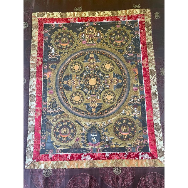 Asian Mid 19th Century Tibetan Thangka Featuring Buddhas in Various Mudras Painted on Silk Board Mounted and Matted For Sale - Image 3 of 5
