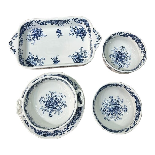 Vintage Underglaze Blue and White Porcelain Tableware – 5-PCS For Sale