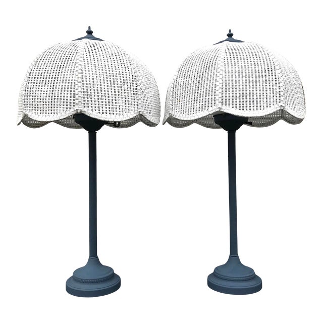 Vintage MidCentury Wicker Cane Dome Shade Tall Buffet Lamps a Pair Chairish