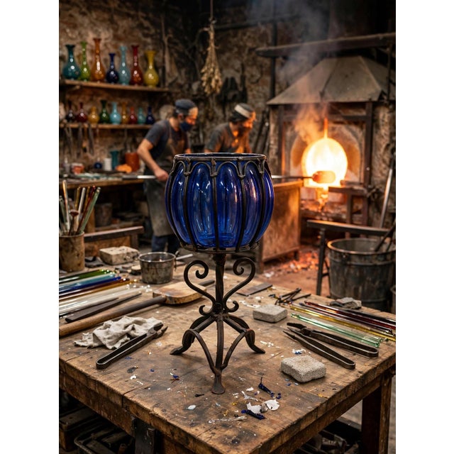 Vintage cobalt blue blown glass vase enclosed in a wrought iron or worked metal support structure from the 1970s, height...