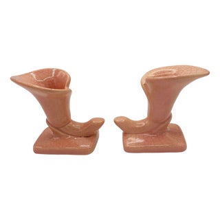 1950s Mid-Century Modern Pink Calla Lilly Horn Shaped Ceramic Vase, Pair For Sale
