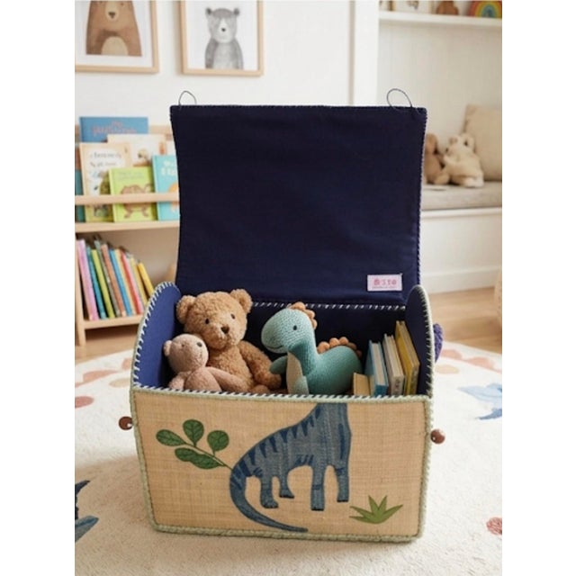 Whimsical Hand-Woven Raffia Dinosaur Toy Trunk For Sale - Image 9 of 12