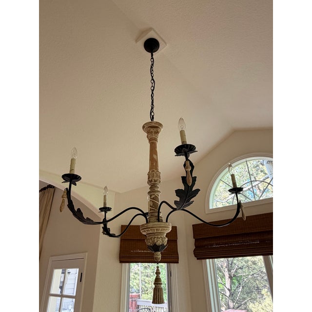 2000 - 2009 Spanish Colonial Style Iron & Carved Wood Five-Light Chandelier For Sale - Image 5 of 9