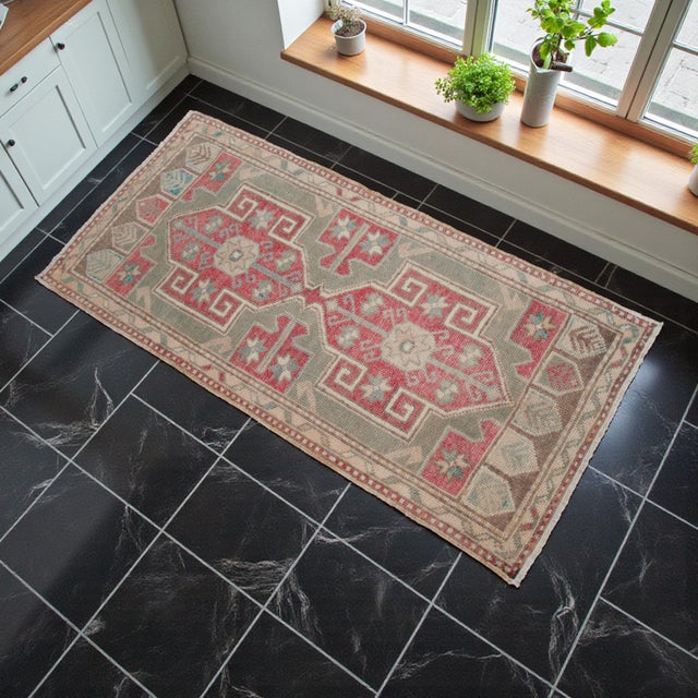 Vintage Turkish Hand-Knotted Small Rug from Chal- Aegean, 1960, featuring warm soft sage green tones and authentic village...