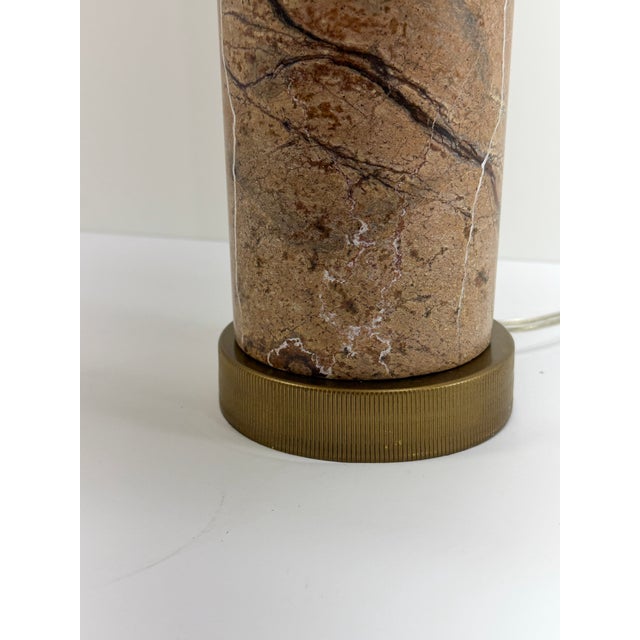 Mid-Century Modern Vintage Pink Marble Column Table Lamp With Brass Accents and Linen Shade For Sale - Image 3 of 5