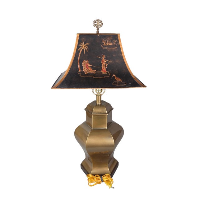 Metal Vintage Frederick Cooper Hexagonal Brass Urn Lamp With Relief Chinoiserie Tole Shade For Sale - Image 7 of 12