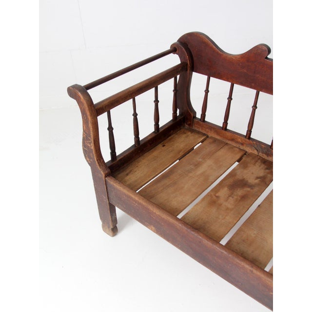 Wood Antique 19th Century Wooden Spindle Back Bench With Scalloped Crest Rail For Sale - Image 7 of 18